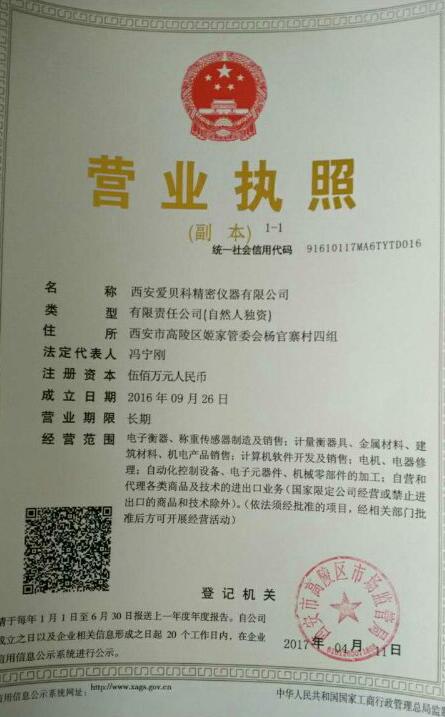 西安尊龙凯发官方网站精密仪器有限公司营业执照